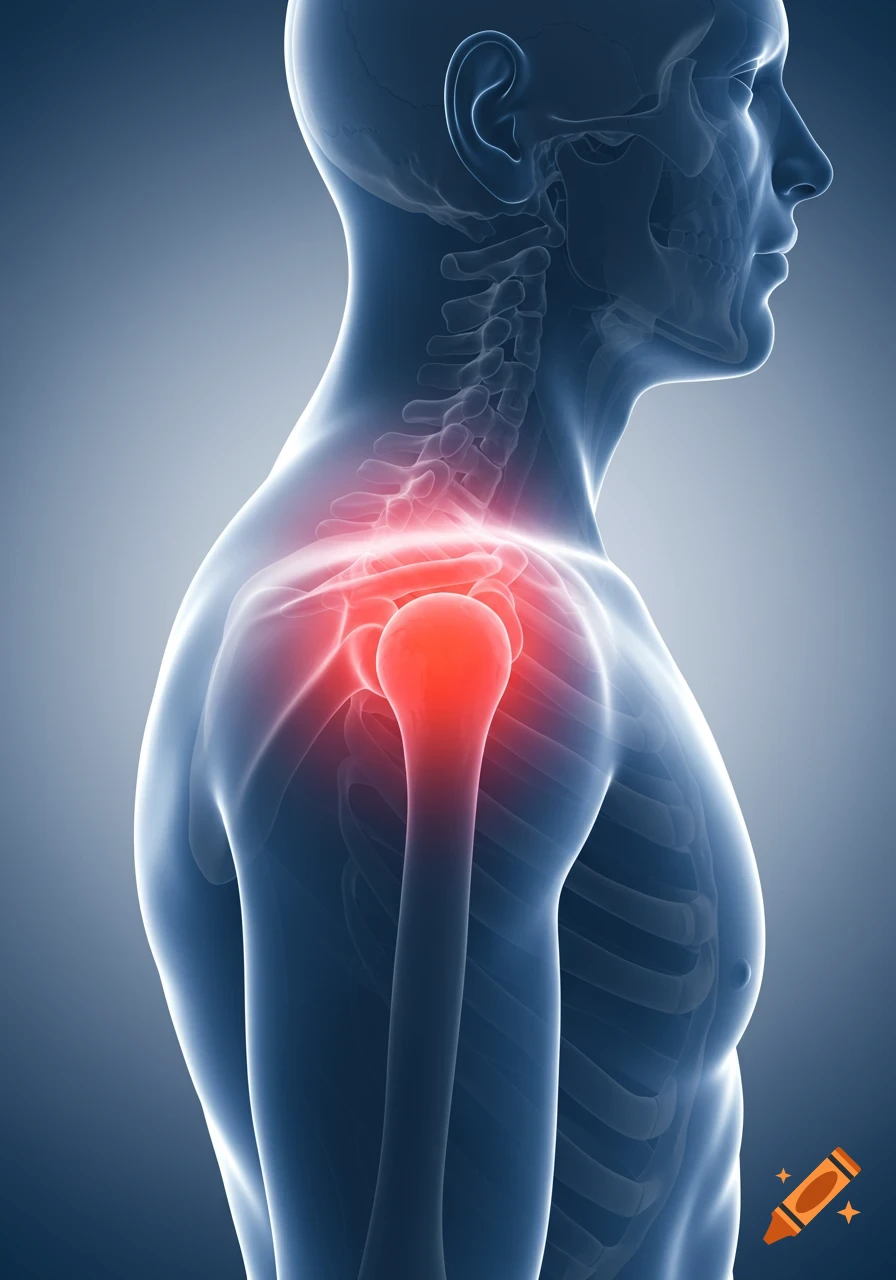 3D medical illustration of a semi-transparent human torso with a glowing red highlight indicating pain in the shoulder and upper back.