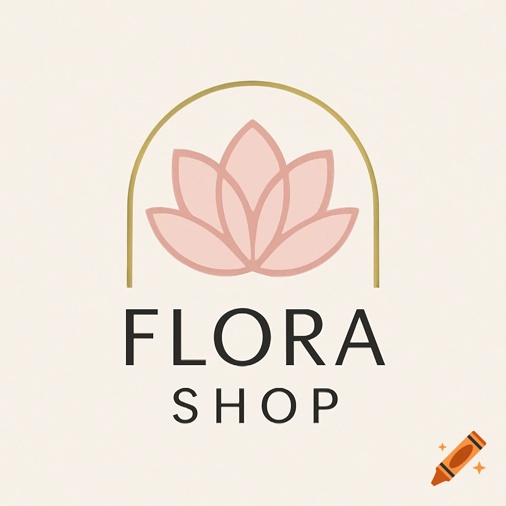 Minimalist logo with a pink lotus flower under a golden arch, above the text 'FLORA SHOP' on a beige background.