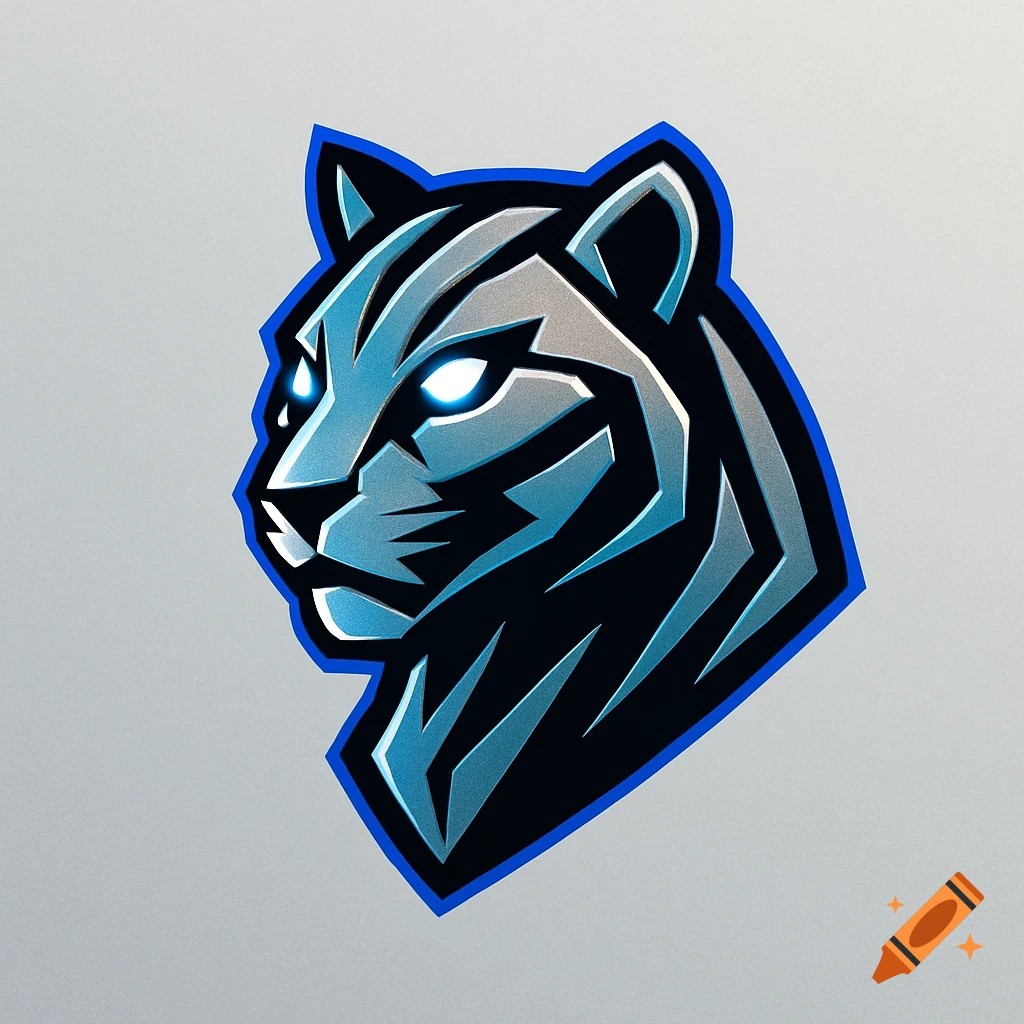 A stylized tiger head logo in profile, facing left, with glowing blue eyes and a metallic grey and blue design, outlined in bright blue.