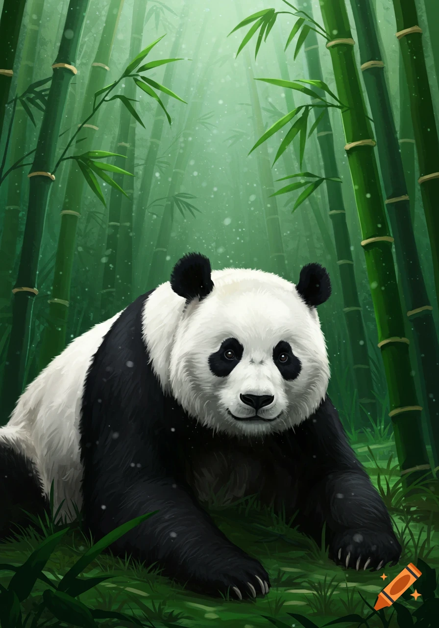 A cute panda sits among tall green bamboo stalks in an illustrated style, looking forward.