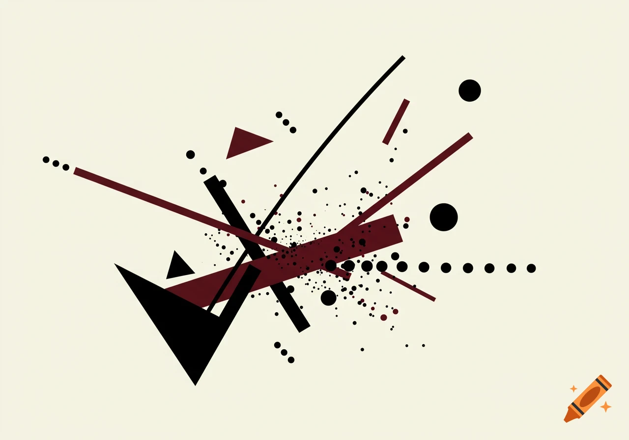 An abstract composition with black and deep oxblood red geometric shapes, lines, triangles, and scattered dots on a cream background.