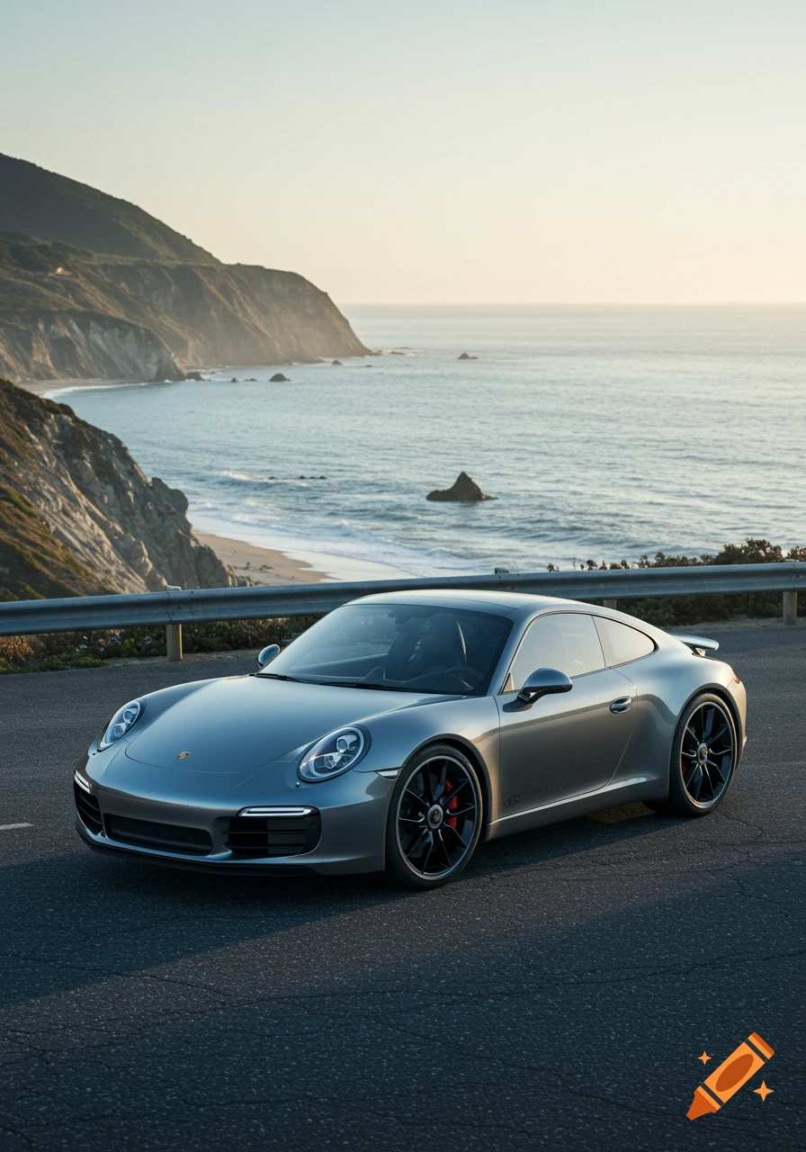 A silver Porsche sports car parked on a coastal road overlooking cliffs and the ocean at sunset, in a photorealistic style.