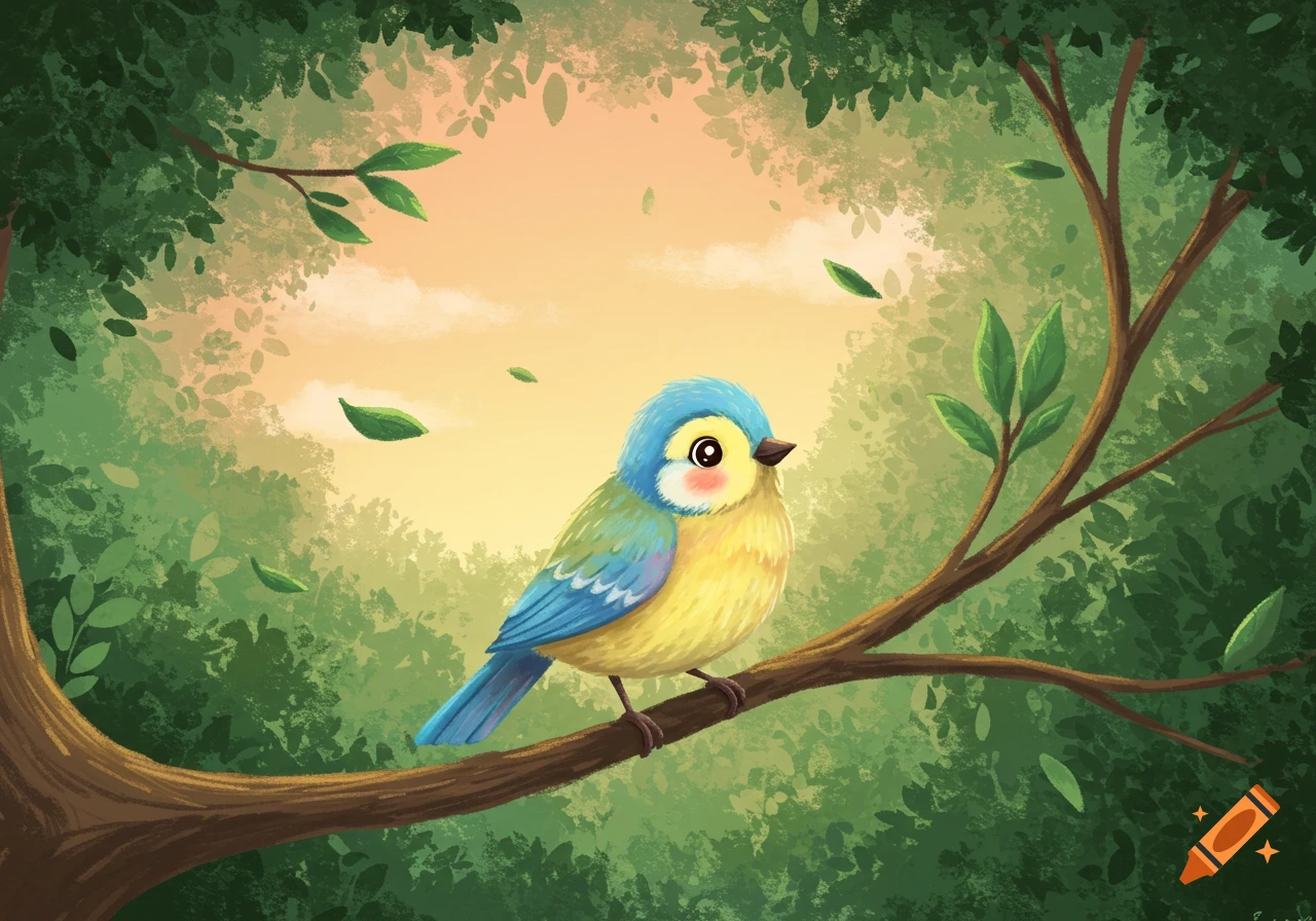 A cute, colorful blue and yellow bird with rosy cheeks sits on a tree branch in a forest at dawn, illustrated in soft, bright colors.