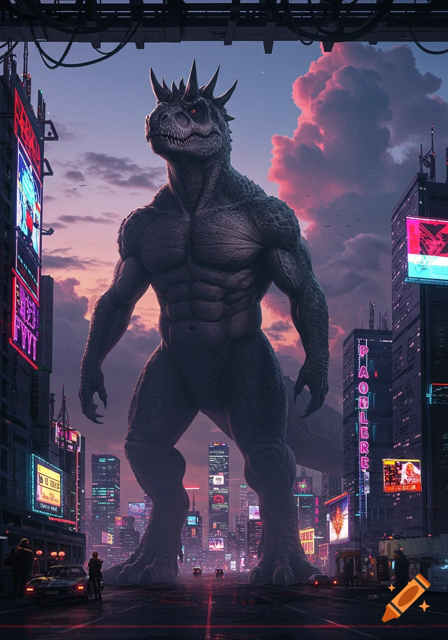 A giant muscular dinosaur-like creature with spikes on its head stands in a futuristic city street at dusk, with neon signs glowing.