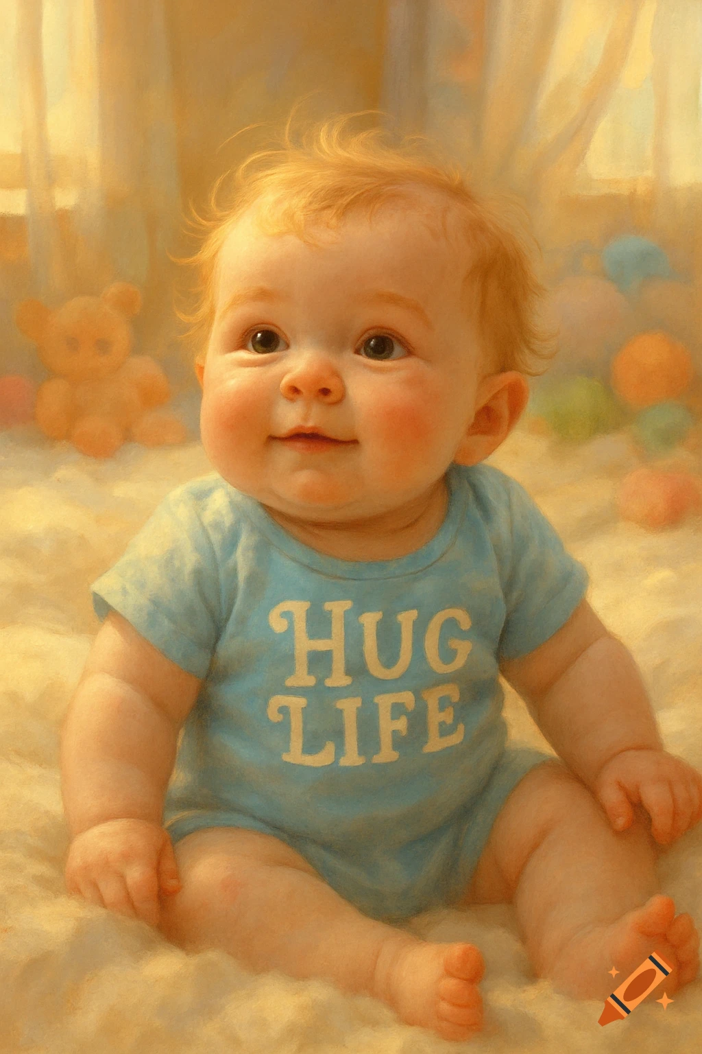 A cute, smiling baby with red hair sits on a soft surface, wearing a blue onesie that says 'HUG LIFE' in a painterly style. Toys are in the blurry background.