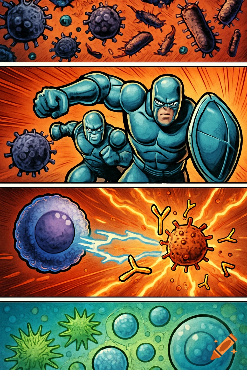 A comic strip illustrating the immune system battling viruses and bacteria with superhero-like cells and antibodies.