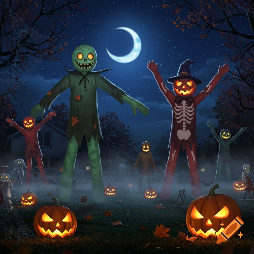 Large Halloween inflatable figures, including a green monster and a red skeleton pumpkin, in a misty yard with glowing jack-o'-lanterns under a crescent moon.