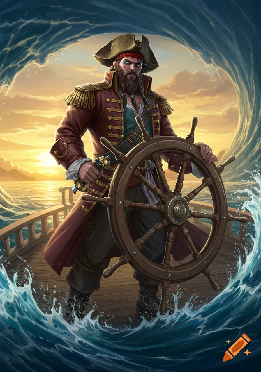 Detailed illustration of a bearded pirate captain with glowing eyes ...