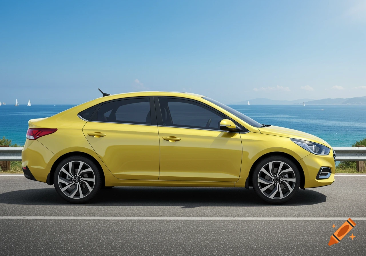 A bright yellow car, a Hyundai Solaris, drives along a coastal road next to the blue sea with sailboats in the distance.