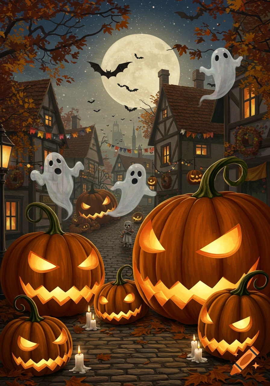A festive, retro Halloween scene with glowing jack-o'-lanterns, whimsical ghosts, bats flying under a full moon, and an autumn village.