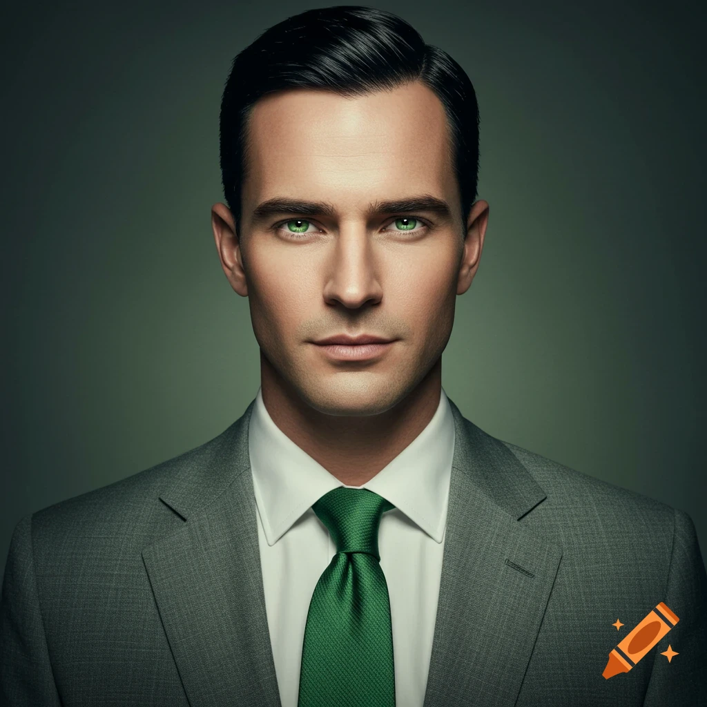 Photorealistic portrait of a handsome man with black hair and green eyes, wearing a grey suit and green tie.