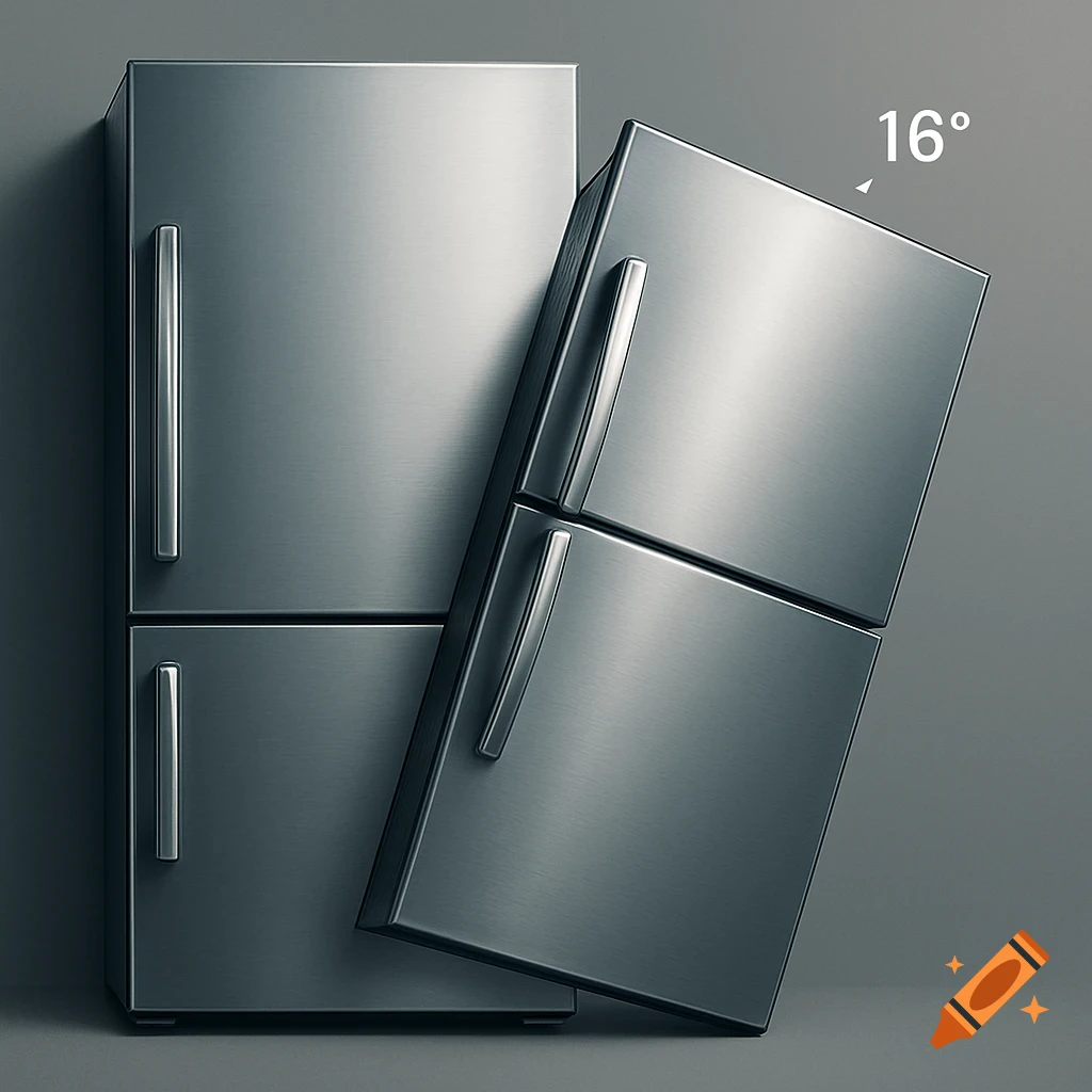 Two stainless steel refrigerators, one upright and the other tilted 16 degrees leaning against it, photorealistic style.