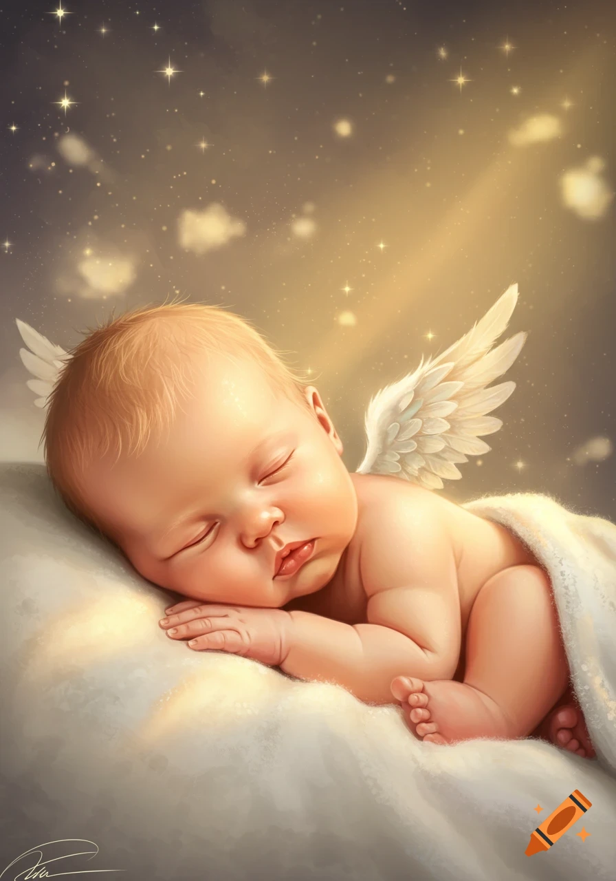 A sleeping baby with small white wings lies on a soft cloud under a sparkling, golden celestial sky.