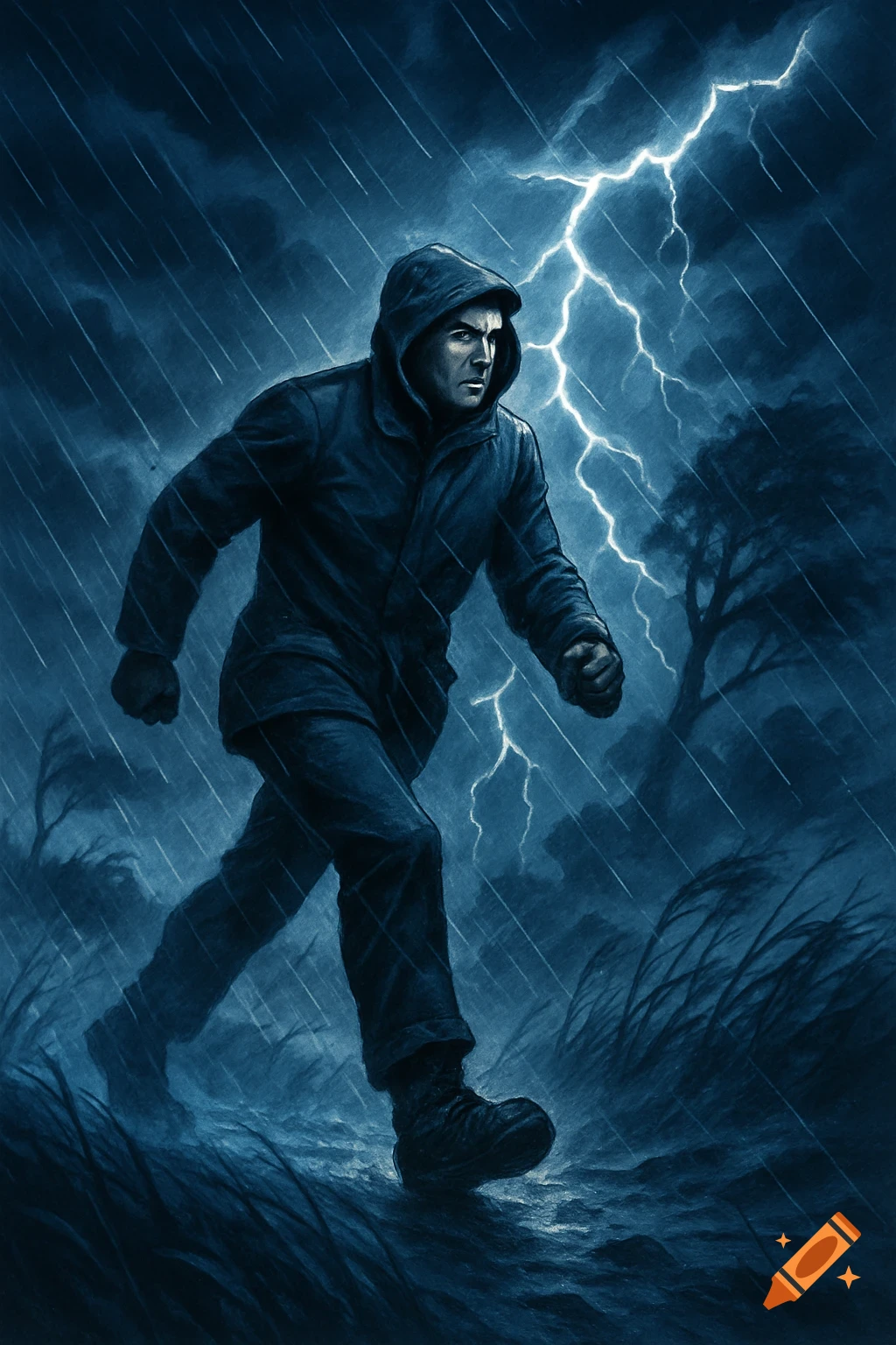 A man in a hooded jacket walks determinedly through a dark, stormy landscape with heavy rain and a large lightning bolt.