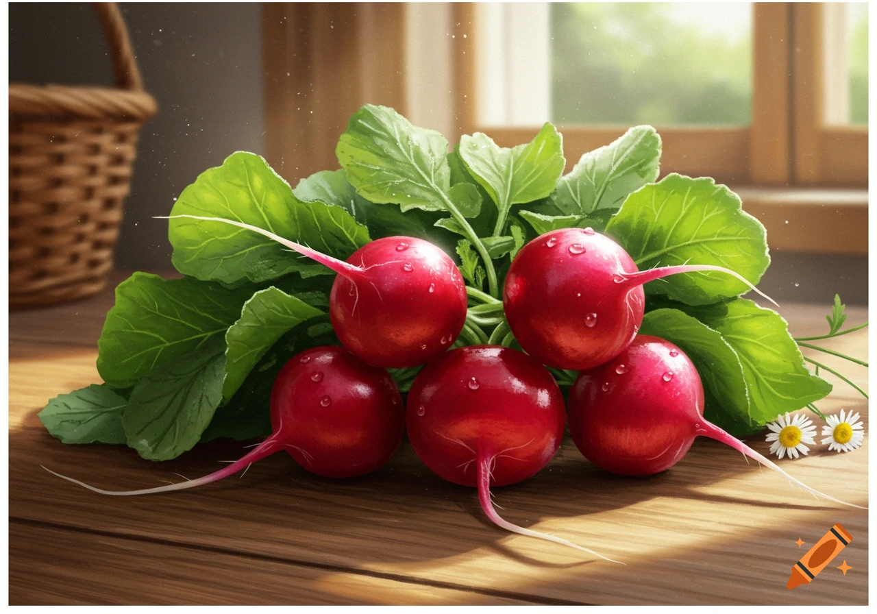 A photorealistic image of a bunch of fresh, wet radishes with green leaves on a wooden table, with a blurred rustic background.