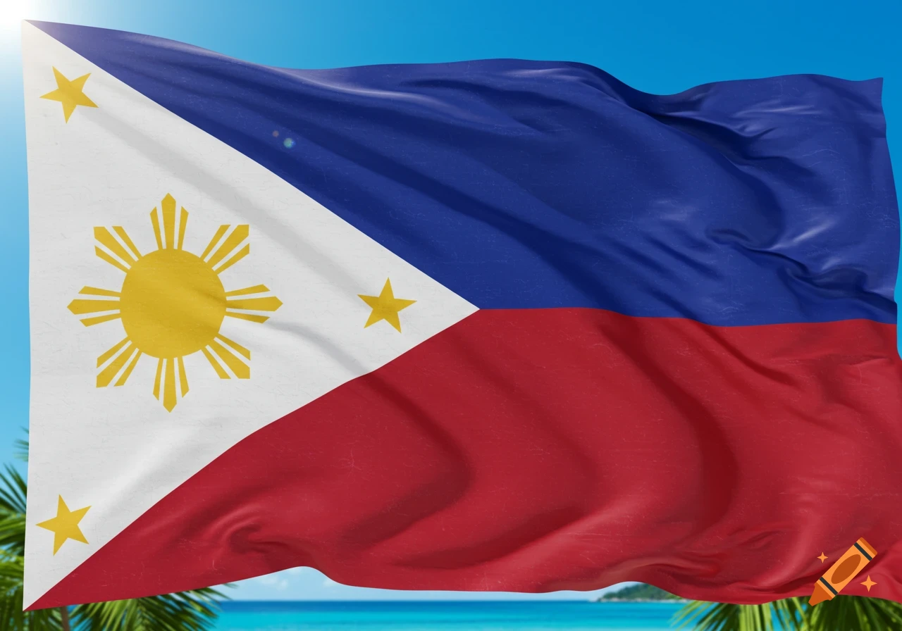 A Philippine flag waving against a bright blue sky, with a tropical ocean and palm leaves visible below.