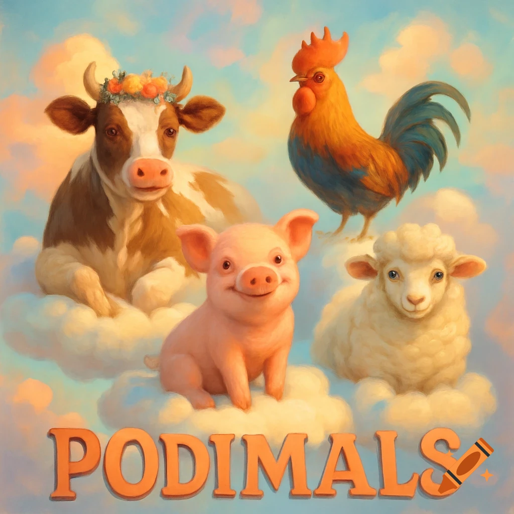 Whimsical animated illustration of a cow, rooster, pig, and sheep on clouds, with 'PODIMALS' at the bottom.