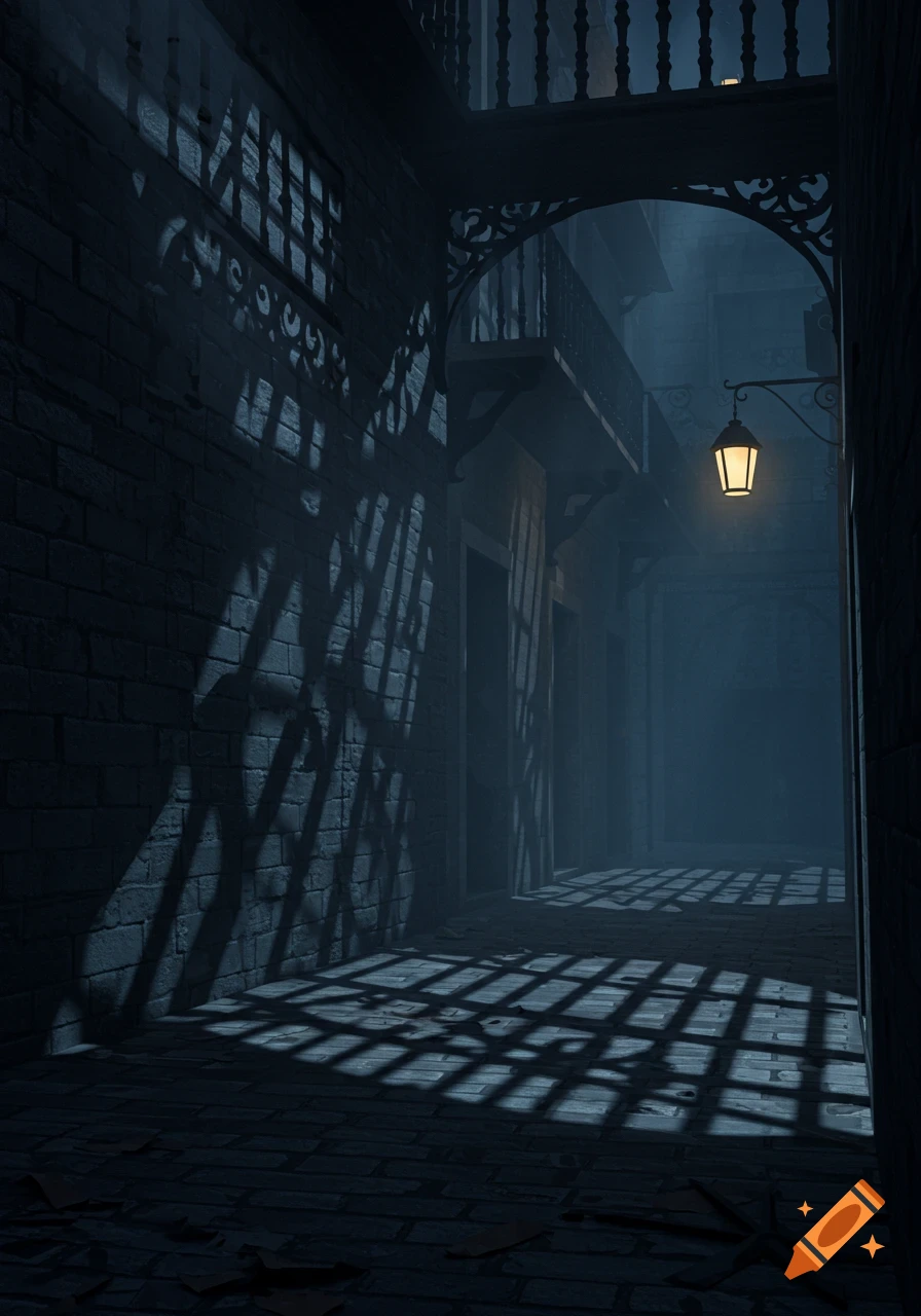 A dimly lit, narrow cobblestone alley at night, with a single glowing lantern casting dramatic shadows from a balcony railing and window frames onto the brick wall.