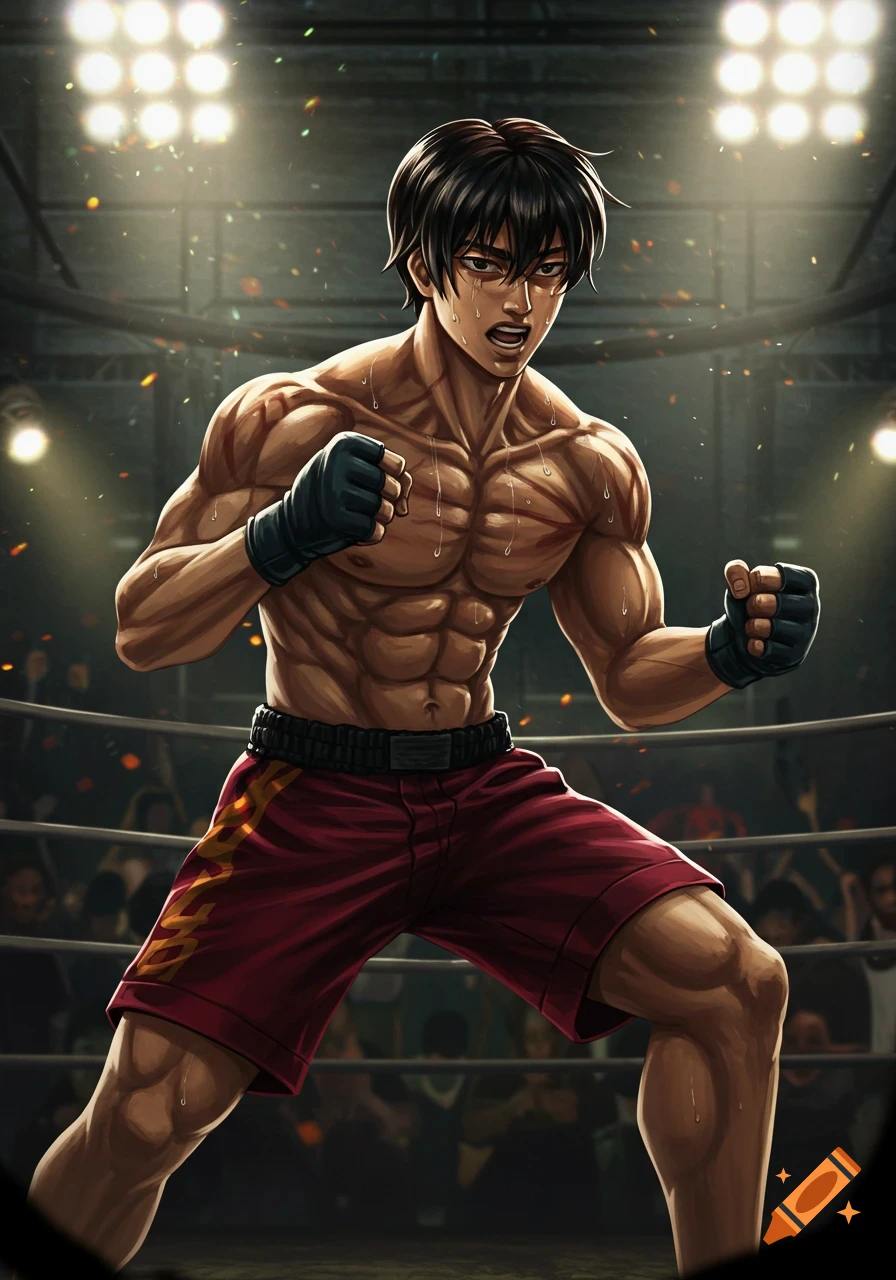 Anime-style drawing of a muscular male fighter in a ring, sweaty with an intense expression, wearing red shorts and gloves.