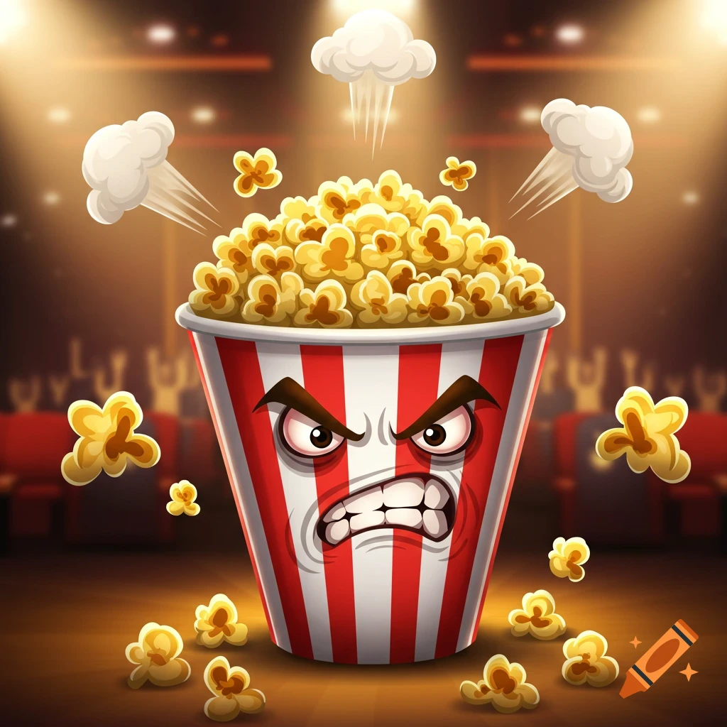 A cartoon angry popcorn bucket with steam rising, surrounded by popcorn kernels, in a dimly lit movie theater.