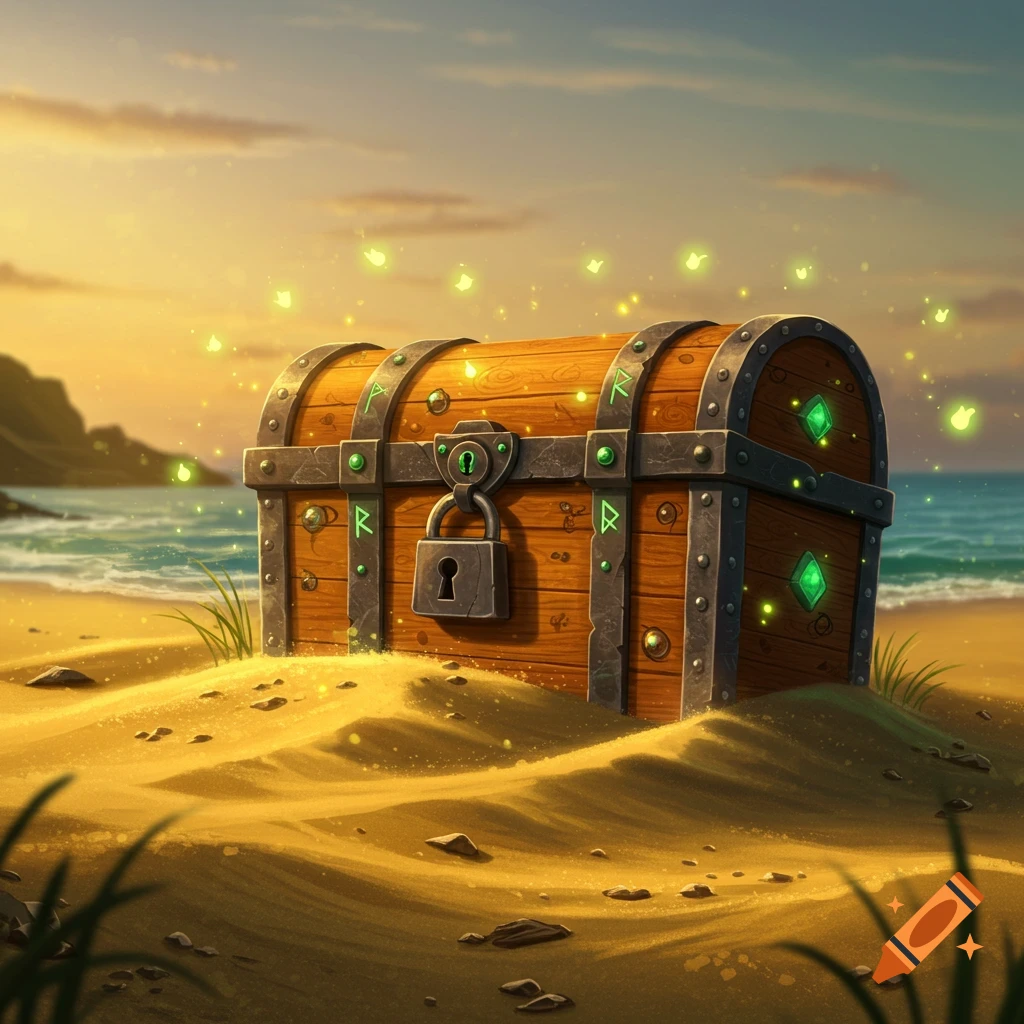 A stylized treasure chest with green glowing runes and gems, partially buried in the sand on a sunlit beach with glowing particles floating around it.