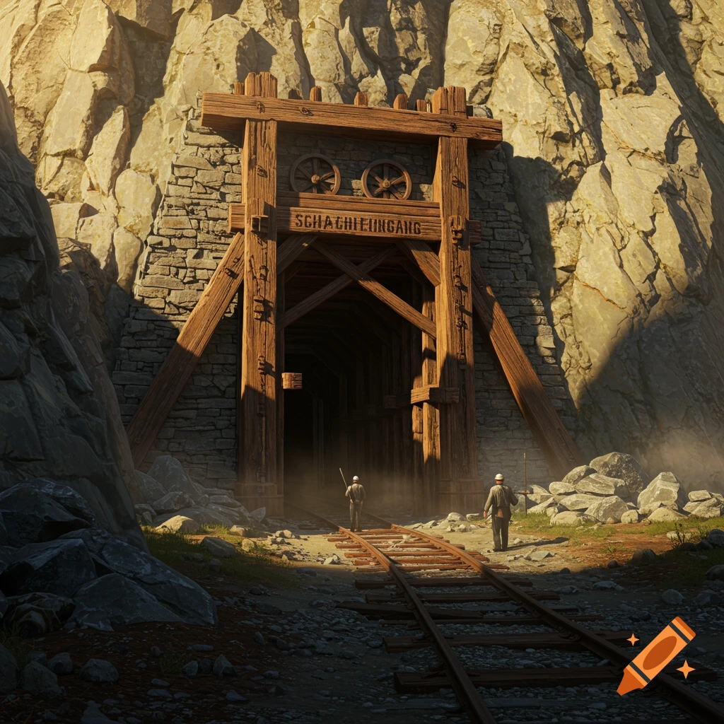Photorealistic image of a wooden and stone mine entrance in a rocky mountain, with railway tracks and two miners.