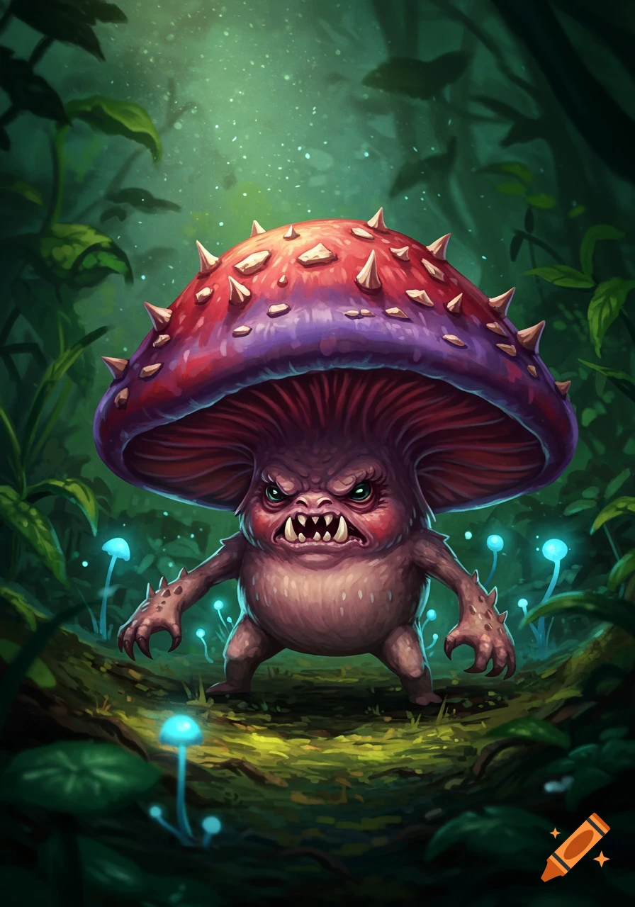 A menacing, spiky red and purple mushroom creature with sharp teeth and glowing green eyes stands in a dark, mystical forest with blue glowing mushrooms.