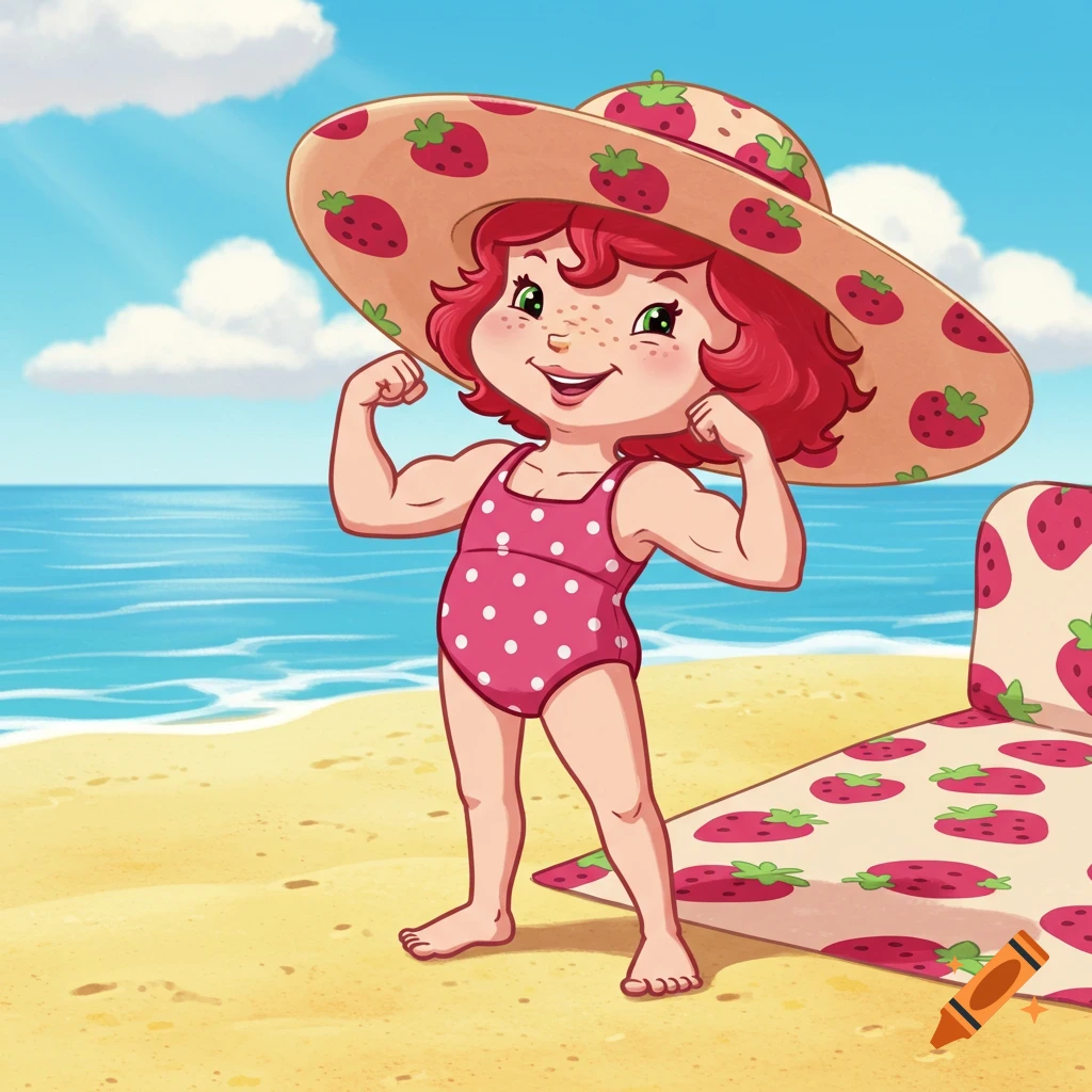 Cartoon Strawberry Shortcake in a pink polka dot swimsuit and strawberry hat, flexing muscles on a sandy beach.