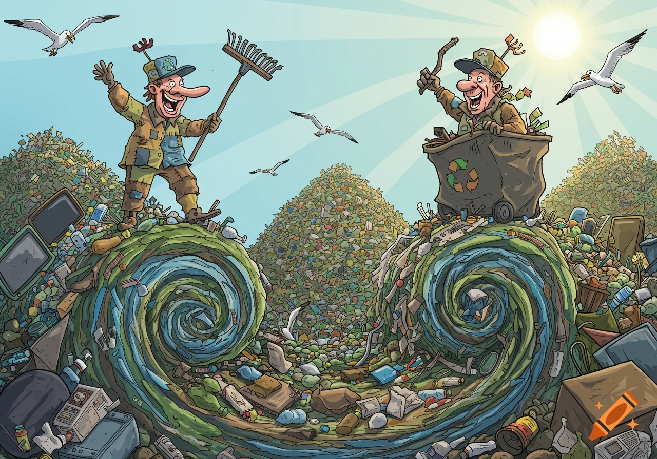 A vibrant caricature shows two joyful men on swirling piles of garbage, one with a rake, the other in a recycling bin, under a sunny sky.