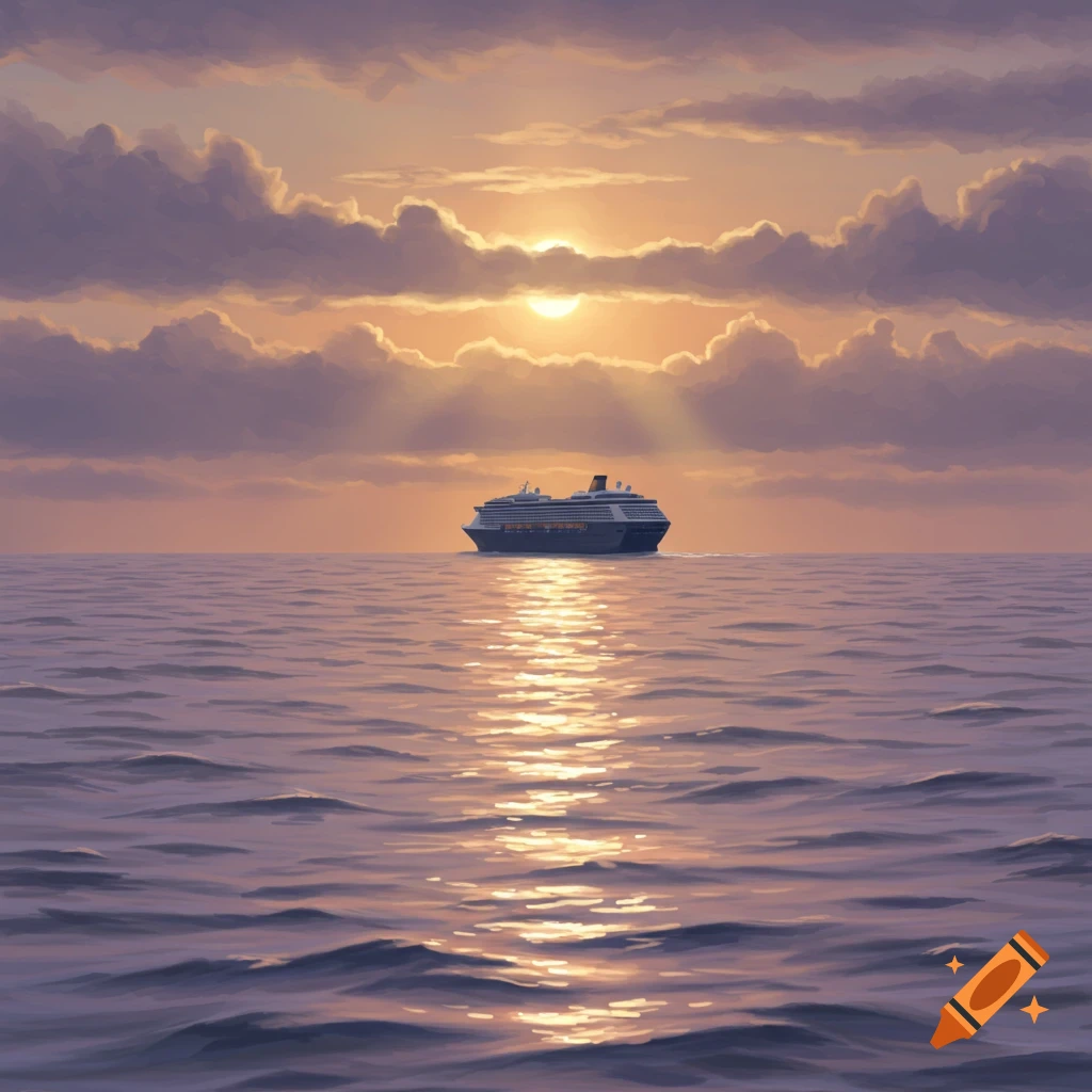 A cruise ship sails on a calm sea at sunset, with sunbeams breaking through clouds and reflecting on the water.