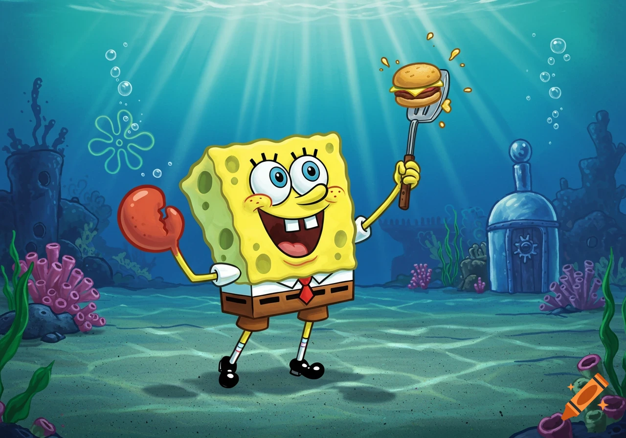 Spongebob Squarepants smiles, holding a Krabby Patty on a spatula and a red crab claw in a vibrant underwater scene.