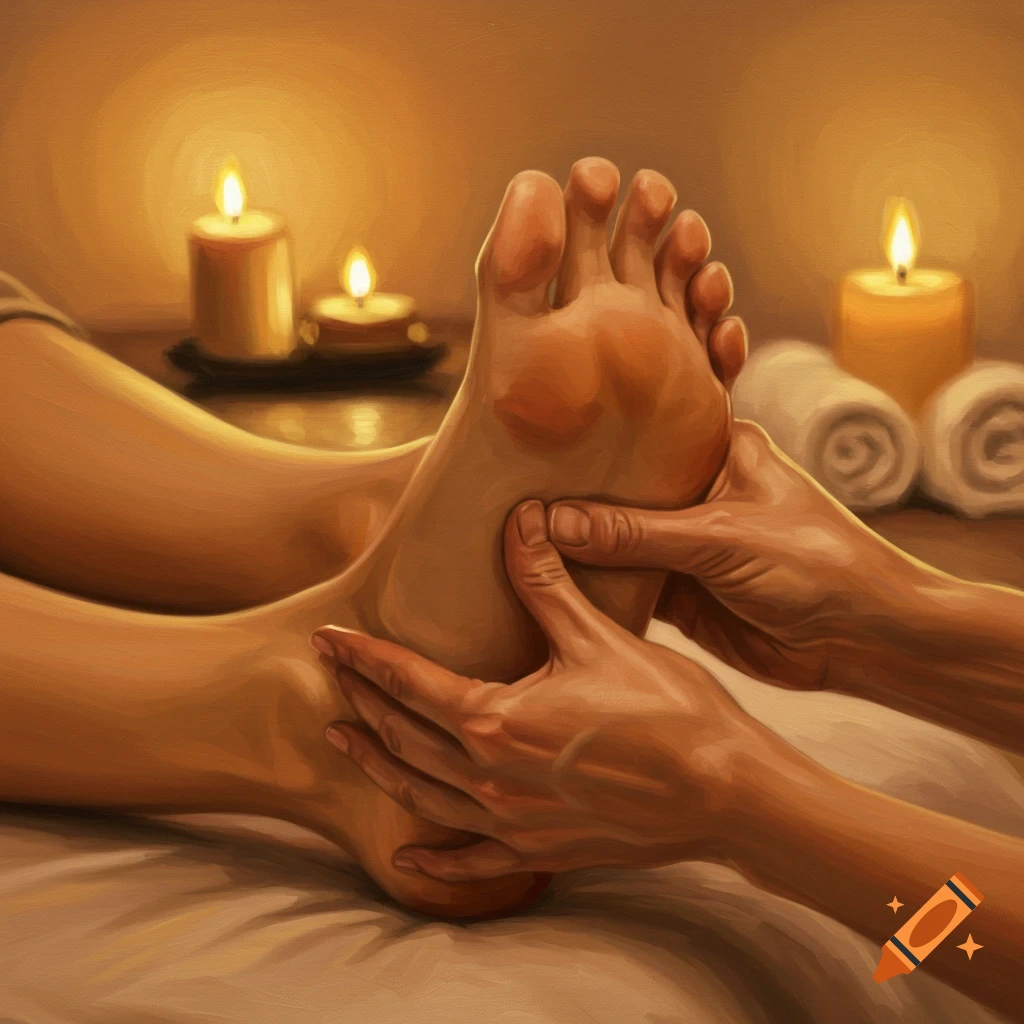 Close-up of a foot receiving a reflexology massage in a warm, candlelit spa setting, painted style.