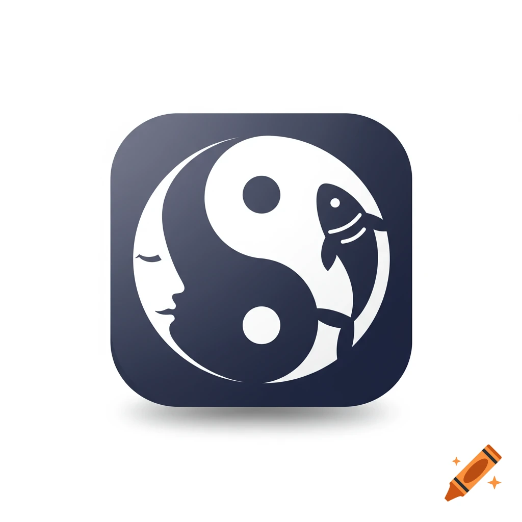 A minimalist app icon featuring a dark blue and white yin-yang symbol where one half is a human face and the other is a fish.