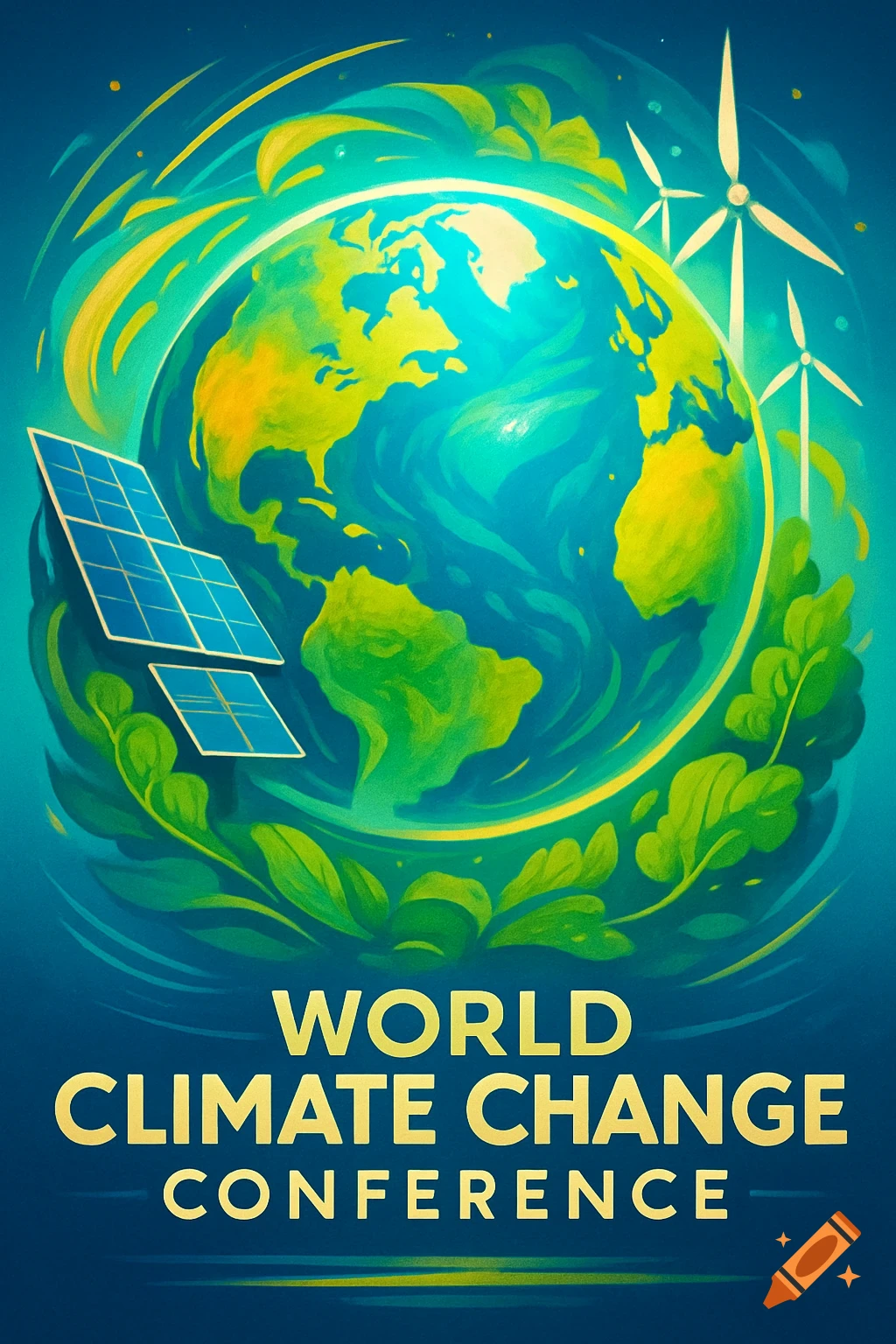 Illustration of Earth with solar panels and wind turbines, a poster for the World Climate Change Conference.