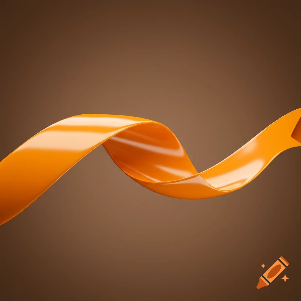 A glossy orange satin ribbon flows in a graceful curve against a brown ...