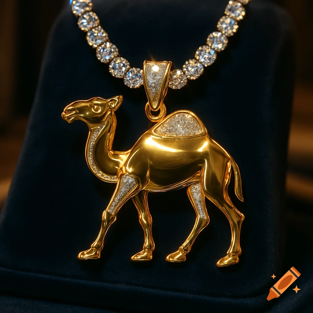 A close-up of a shimmering gold camel pendant encrusted with diamonds, hanging from a diamond chain on a dark velvet display.