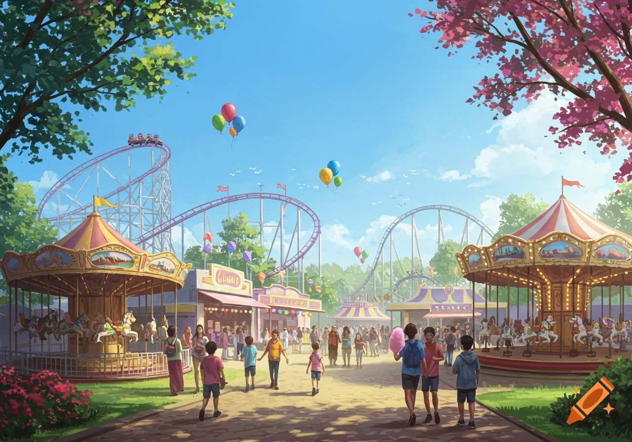 A bright, illustrative amusement park with roller coasters, carousels, and many people enjoying the attractions on a sunny day.