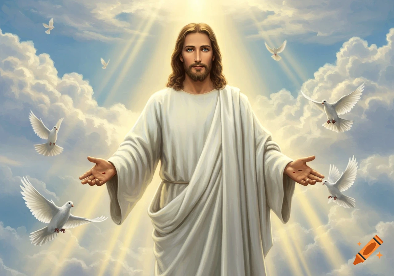 Digital painting of Jesus Christ with outstretched hands, surrounded by doves and heavenly light in a cloudy sky.