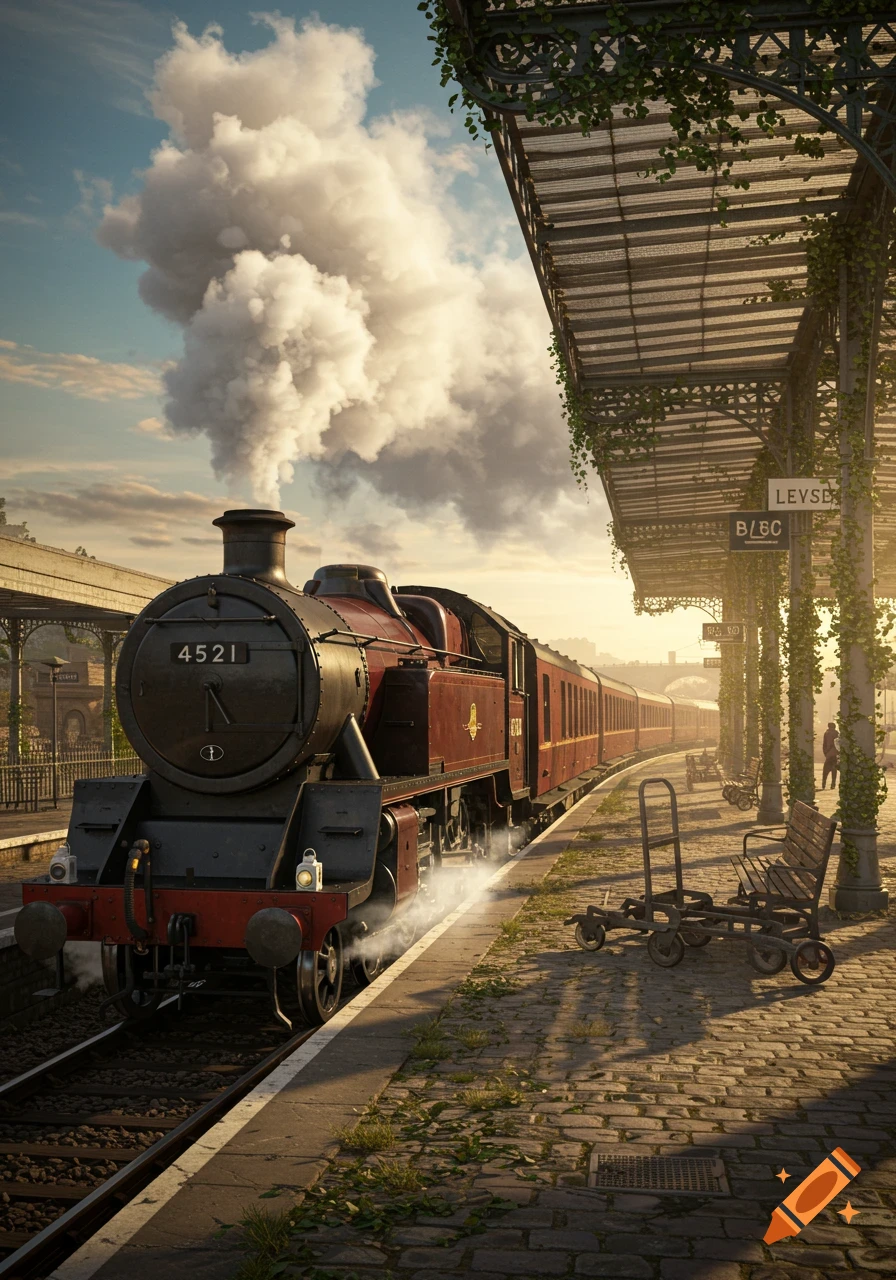 A photorealistic, vintage steam train emits a large plume of smoke as it departs a sunlit, overgrown railway station.