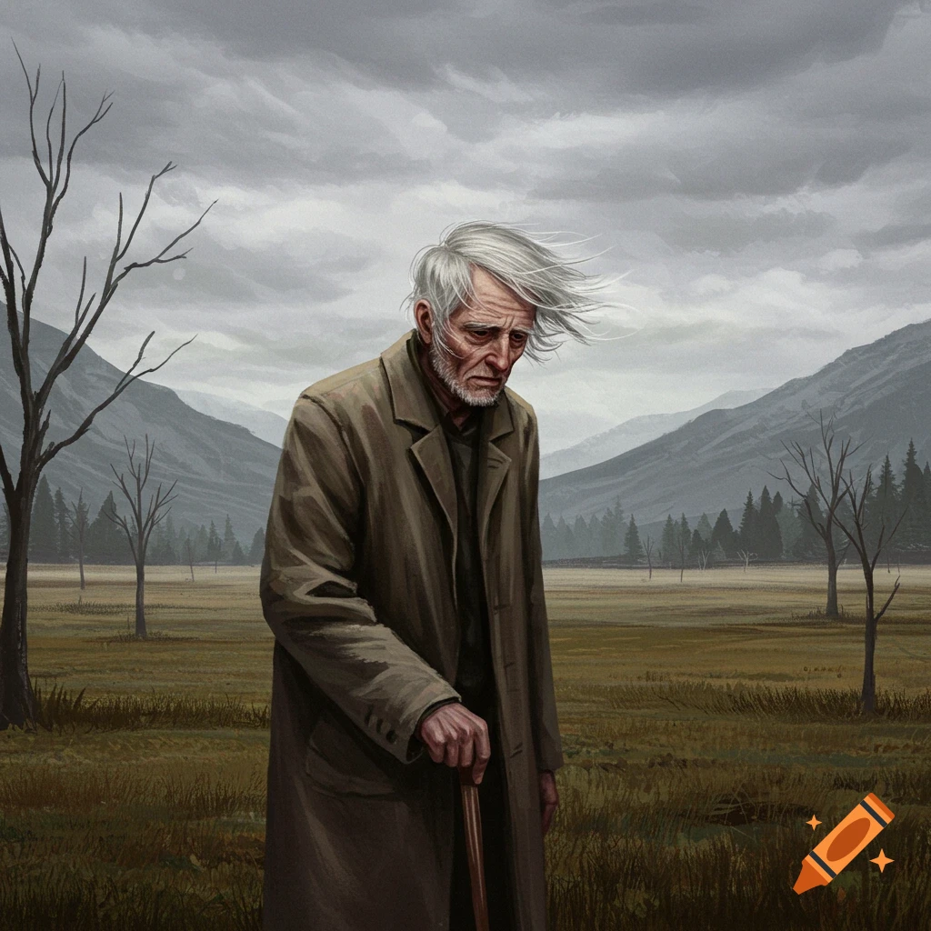 An old man in a brown coat with windswept white hair stands forlornly in a desolate field with bare trees and mountains under a cloudy sky.