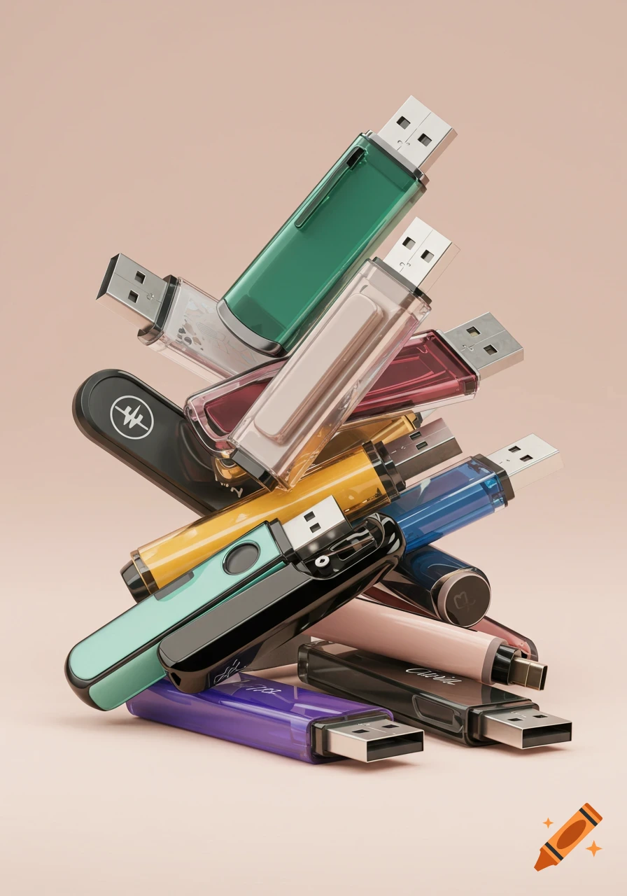 A dynamic pile of colorful USB flash drives with various transparent ...