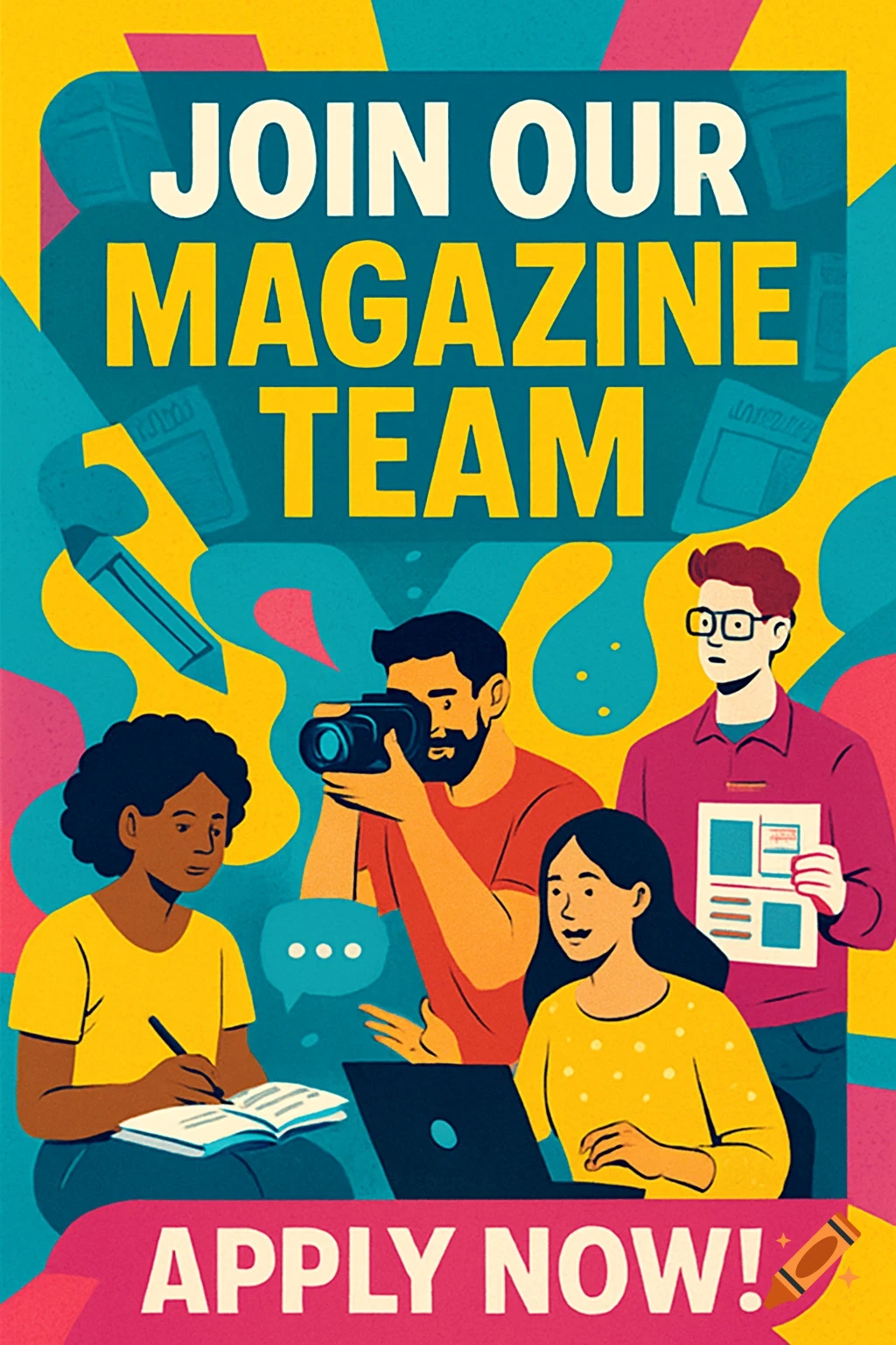 Colorful flat illustration poster for a magazine team with diverse members. Text: Join Our Magazine Team, Apply Now!