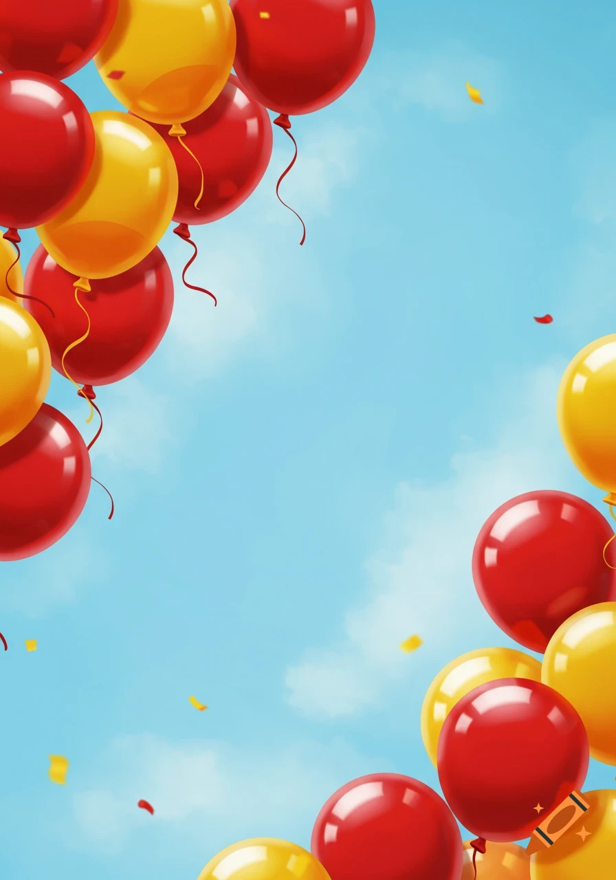 Red and yellow balloons frame a light blue sky background with subtle clouds and falling confetti.