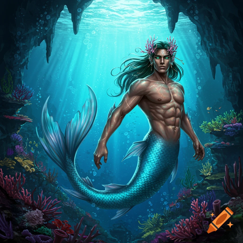 A muscular merman with long green hair and a coral crown stands in an underwater cave with light rays shining through.