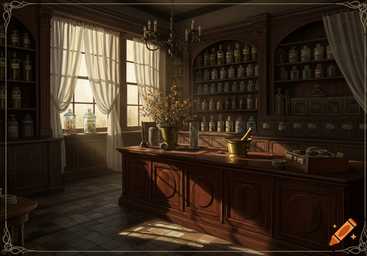 An antique pharmacy interior with shelves of bottles, a wooden counter, a mortar and pestle, and sunlight streaming through windows.