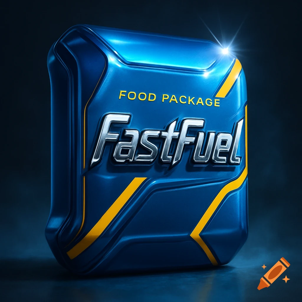 A shiny blue and yellow FastFuel food package with metallic lettering, rendered in a sleek, futuristic style.