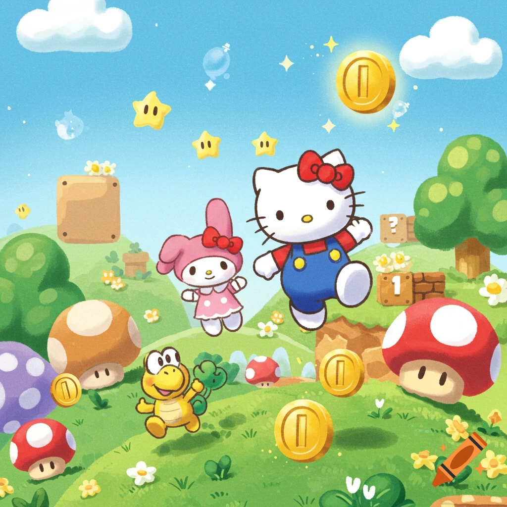 A vibrant cartoon crossover of Hello Kitty as Mario, My Melody, and a Koopa Troopa in a Super Mario Bros. landscape with coins and mushrooms.