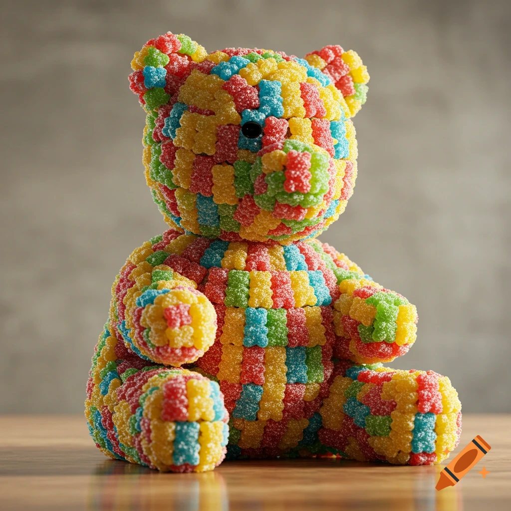 A photorealistic image of a teddy bear constructed from numerous small, colorful gummy bears, sitting on a wooden table.