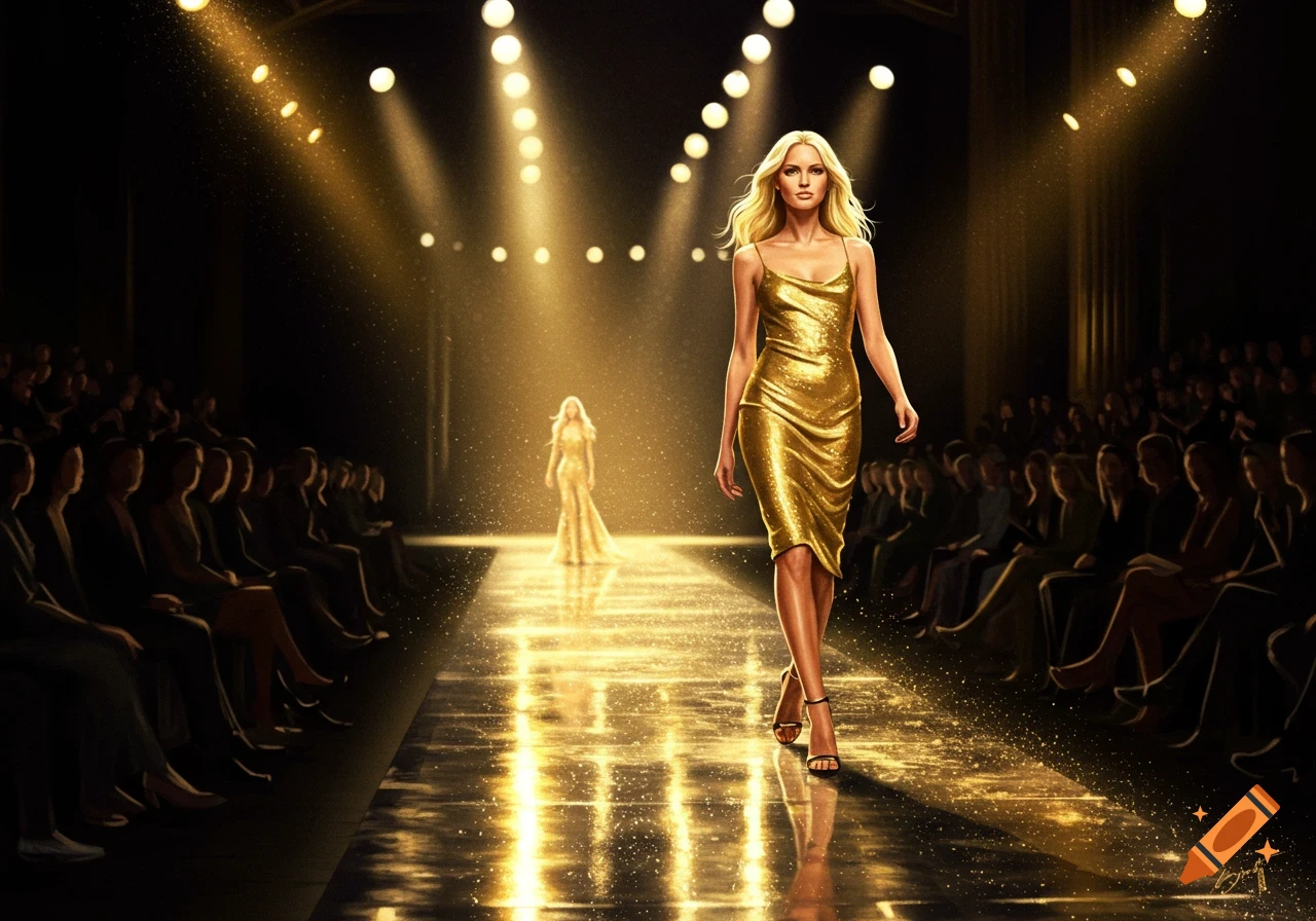 A blond model in a shimmering gold dress walks down a sparkling runway, illuminated by spotlights, with an audience on both sides.