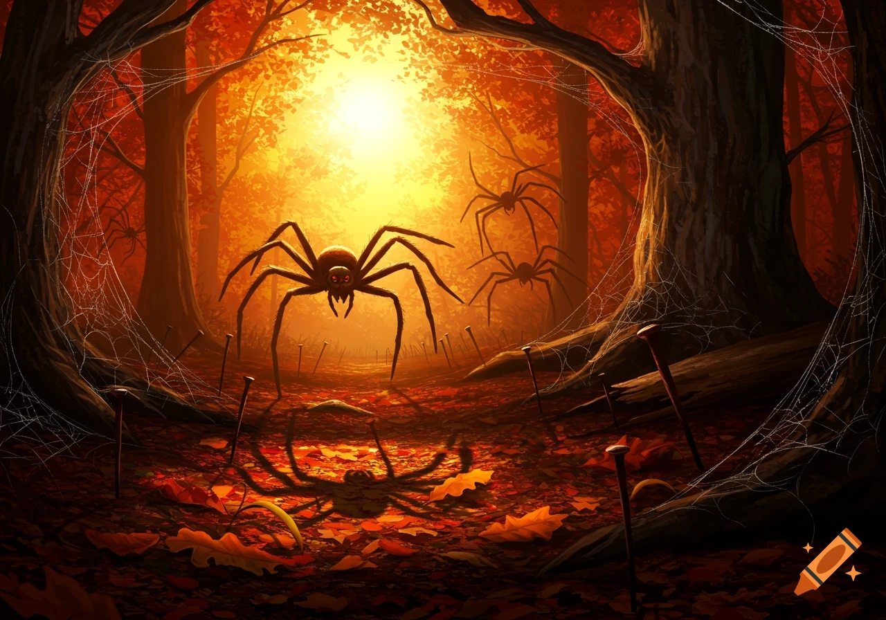 Large hairy spiders in an eerie autumn forest with a bright glow, fallen leaves, and sharp nails on the ground.